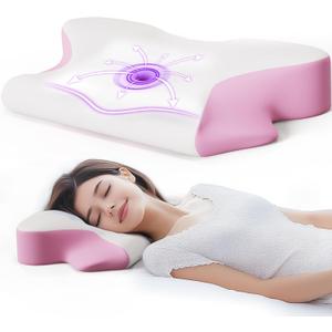 SKYEMAC Cervical Neck Pillow, Neck and Shoulder Support Pain Relief Pillow, Memory Foam Contoured Height Adjustable Pillow, Ergonomic Orthopedic Pillow for Bed Side Back Stomach Sleeper,Pink