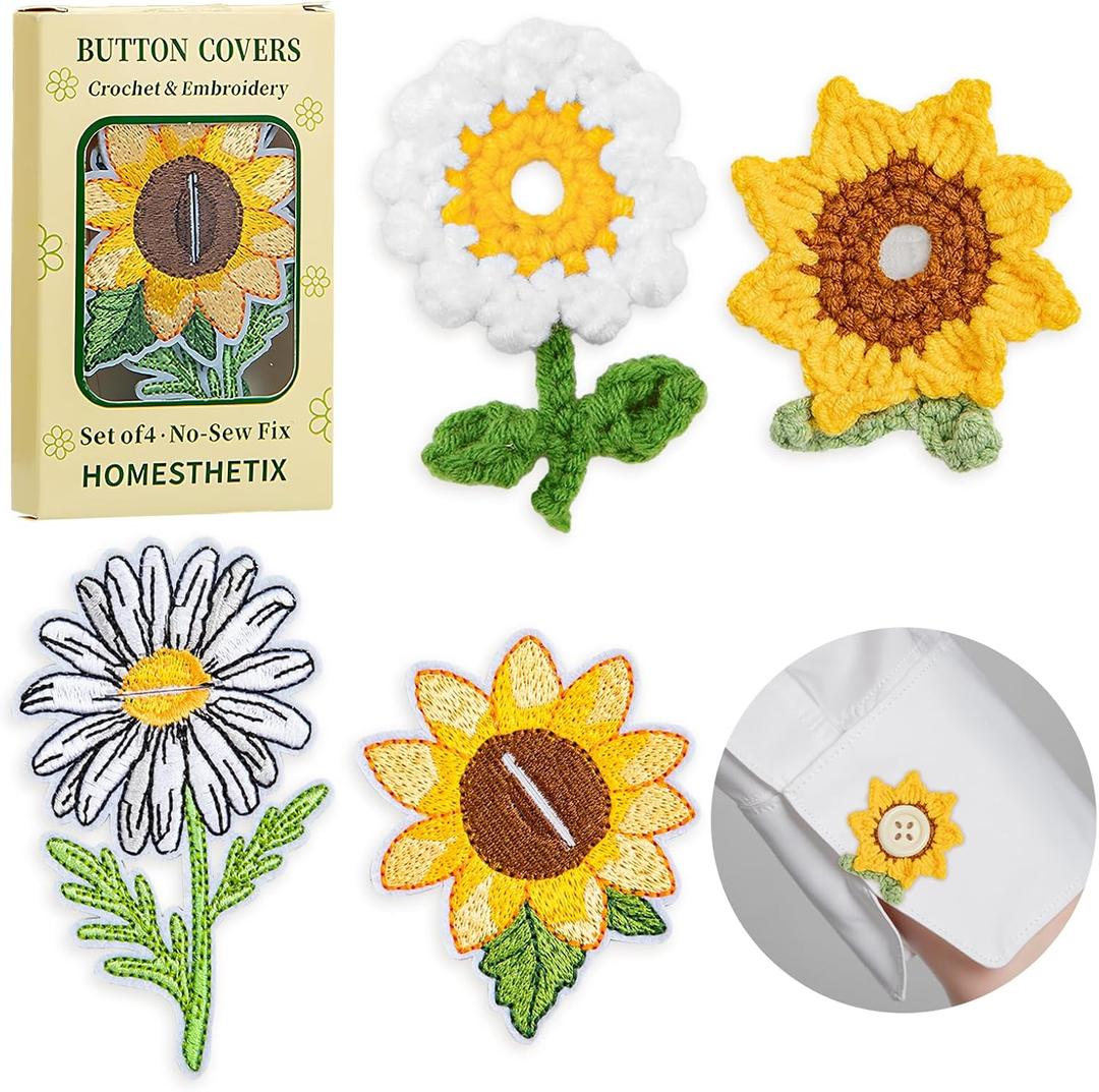 2 Handmade Crochet & 2 Embroidered Button Covers for Women Blouses, Shirts & Jeans  No-Sew Floral Button Covers  Gift-Ready Stocking Stuffer for Mom & Women, White Elephant Gift, Christmas Gift