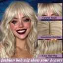 Blonde Wig with Bangs Short Blonde Bob Wigs for Women 14 Inch Platinum Blonde Curly Wig Wavy Synthetic Wigs Shoulder Length Natural Cosplay Wigs for Girl Daily Halloween Party Costume Wig