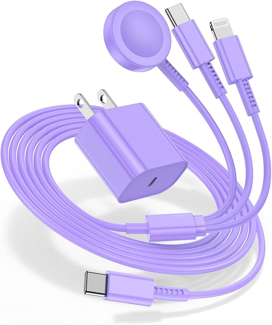 for Apple Watch Charger Fast Charging,3 in 1 Multi Chargers Cable with 20W USB C Charger, iWatch Charger Cord 6FT for iWatch Series Ultra2/SE/10/9/8/7/6/5/4/3/iPhone 15 16 Pro Max/14/13/12/11(Purple)