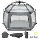 Baby Playpen with Self-Inflating Play Mat & Travel Bag, Portable Outdoor Playpen for Babies and Toddlers, Foldable Pop Up Play Tent for Home, Park, Beach and Camping (Grey)