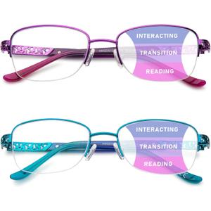 DEHOTRE Progressive Multifocal Reading Glasses Women No Line Bifocal Readers with Nose Pad Metal Half Frame Mid-Near Range