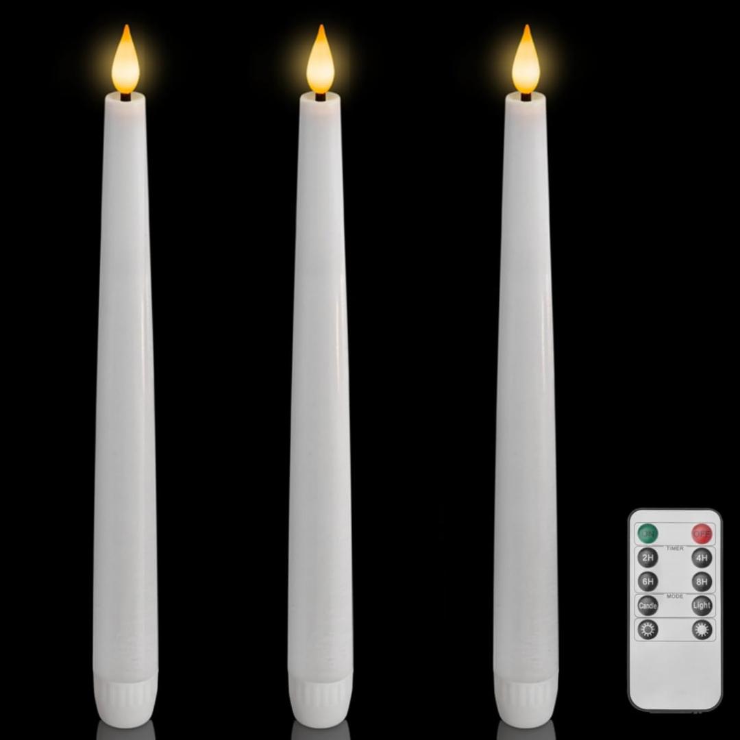 Homemory 3 Pcs Waxy Flameless Taper Candles with Remote, Led Flameless Candlesticks Classic Tall Candles, Flickering Battery Operated Taper Candles for Bedroom, Dining Room, White, 9.6 inches
