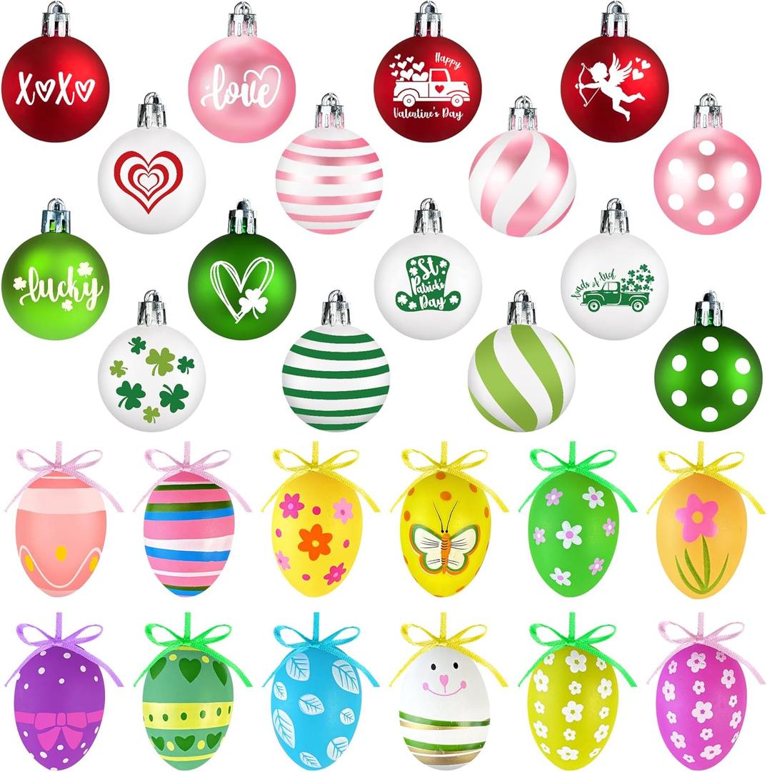 60PCS Ornaments for Valentine's Day St. Patrick's Day Easter Tree, Easter Hanging Egg Ornaments Baubles St Patrick's Day for Tree Holiday Hanging Decor