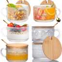 Vintage Glass Coffee Mugs Tea Cups 6Pcs Set with Bamboo Lids and Spoons, 15oz Embossed Clear Glassware Tea Cups, Ideal Coffee Bar Teapot Accessories for Latte, Tea Christmas Gifts