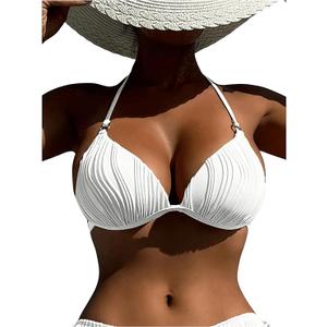 Women's Textured Halter Bikini Top Tie Backless Triangle Bathing Suit Tops, M