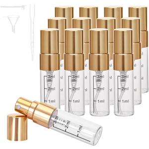 12Pcs 3ML Clear Glass Perfume Travel Refillable Spray Bottles, Mini Perfume Bottle Empty, Portable Cologne Atomizer Sprayer Travel Size Containers Refill Bottles Kit for Toiletries Dispenser (Gold Cap)