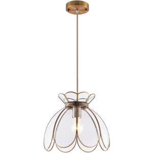 12" Vintage Brass Pendant Light Fixture, Flower Hanging Lamp for Kitchen Island, Glass Lotus Flower Ceiling Pendant Lighting for Entryway, Dining Room, Bedroom, Living Room, Clear, Large