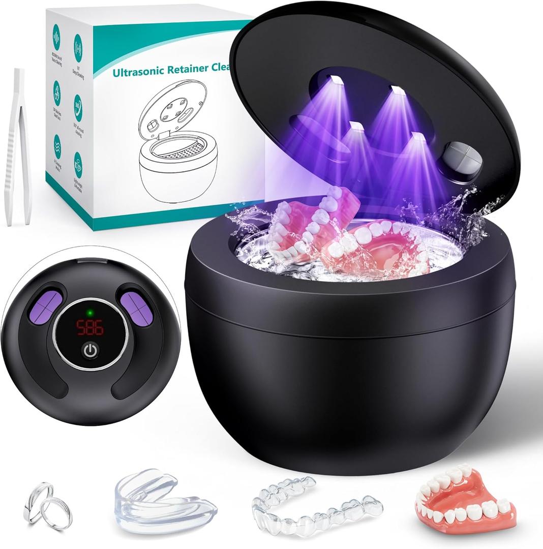 Upgraded Ultrasonic Retainer Cleaner Machine, 45kHz Ultrasonic Dentures Cleaner for Night Guards, Braces, Aligner, Toothbrush, Jewelry and More, 200ML Capacity, Black1