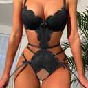 SOLY HUX Lingerie for Women Lace Cutout Scalloped Trim Bodysuit Teddy Lingerie Babydoll Pure Black S