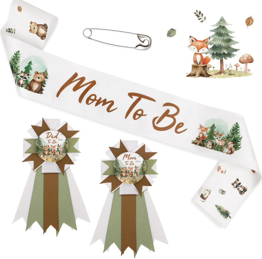 Woodland Baby Shower Decorations Mom to Be Sash Dad to Be Corsage Set, Neutral Mommy to Be Sash Baby Shower Sash Set for Pregnant Mommy Gift Party Decorations