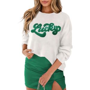 LEMAFER Women 2026 Merry Christmas Round Neck Sequin Letters Sweater Casual Solid Slogan Long Sleeve Pullover Sweatshirt Tops (White, S)