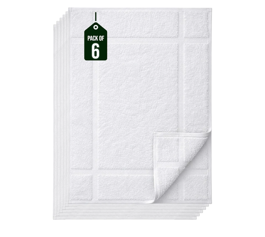 Pearl Linens Pack of 6 100% Cotton Bath Mat Towels,18x25 inches, Soft & Absorbent Floor Towels for Bathroom, Not Bathroom Rugs, After Shower Mat, 781 GSM, Machine Washable, Airbnb Essentials, White