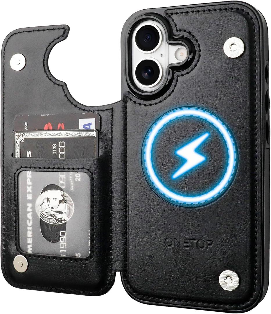 ONETOP Compatible with Magsafe for iPhone 17 Wallet Case with Card Holder, PU Leather Kickstand RFID Blocking Case, Double Magnetic Clasp and Durable Shockproof Cover 6.3 Inch (Black)