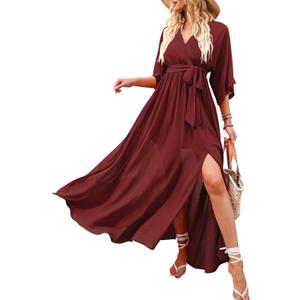 ANRABESS Womens 1/2 Sleeve Beach Wedding Guest Maxi Dresses 2025 Fall Wrap V Neck Boho Floral Flowy Slit Long Summer Dresses (Large, Red)