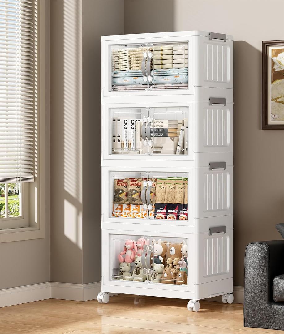 Hanyi 140 QT Stackable Storage Bins with Lids, 4 Tier Collapsible Plastic Storage Cabinet with Magnetic Doors, Removable Top Lid, Locking Wheels, Closet Organizer for Bedroom, Pantry, Office