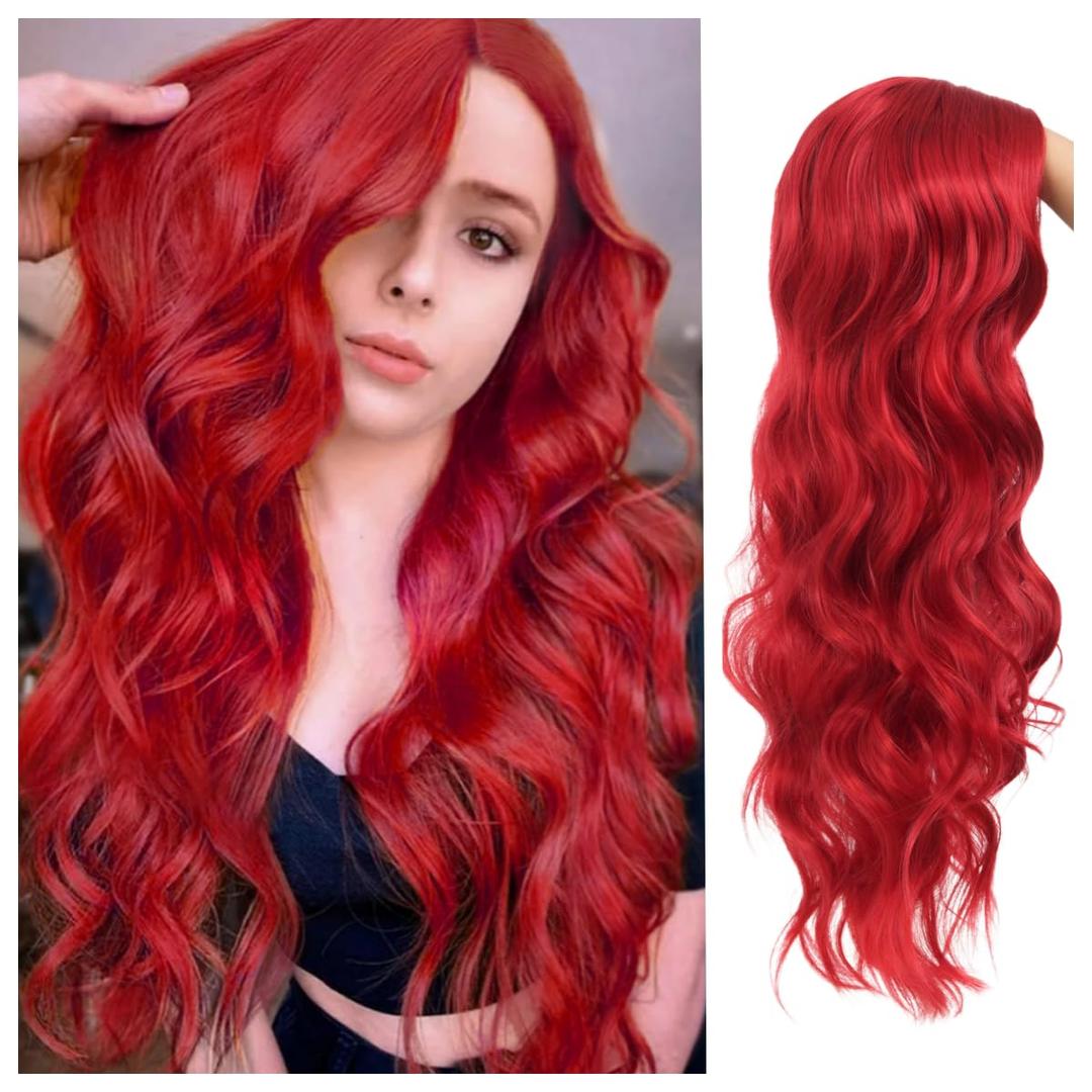 Red Long Curly Wavy Wigs for Women Natural Looking Heat Resistant Hair Wig for Halloween Party Use