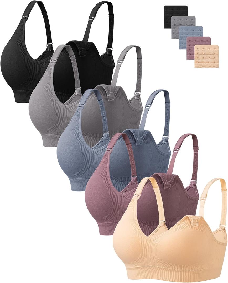 HBselect Nursing Bras for Breastfeeding Women Maternity Bras Seamless Wireless Pregnancy Sleep Bra with Bra Extenders (Medium, 5pack(black/Grey/Blue/Purplebean/Nude))