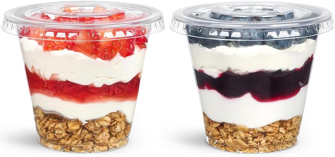 [50 Sets, 9 oz Clear Plastic Fruit Cups with Lid No Hole, Disposable Plastic Cups with Lids for Yogurt, Parfait, Pudding, Dessert, Cake, Ice Cream, Snack Cup Party Supplies