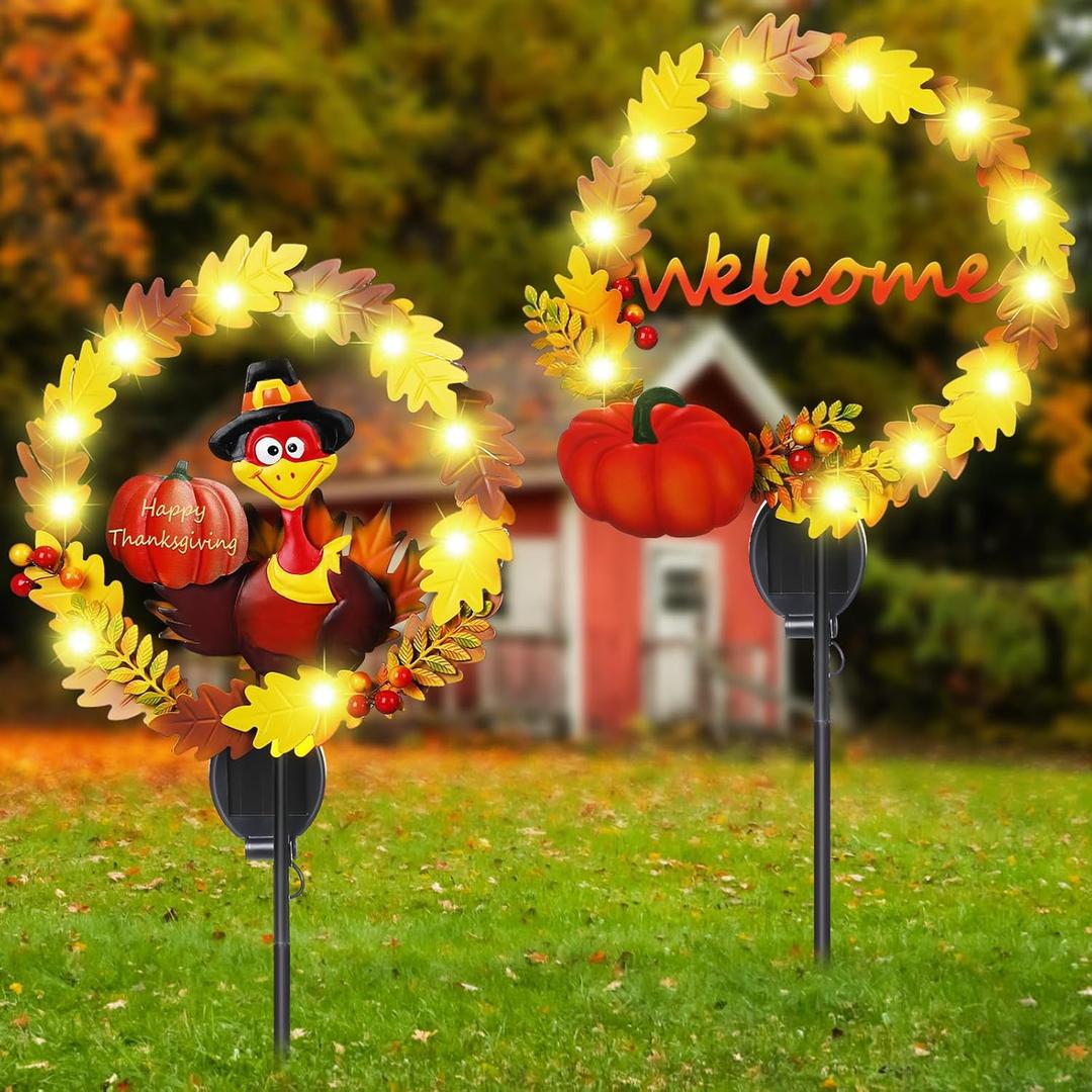 Capoda 2 Pcs Thanksgiving Outdoor Decorations Solar Turkey Yard Stakes Fall Turkey Lights Decorations 42.5 Inch Welcome Thanksgiving Pumpkin Yard Signs for Garden Lawn Pathway Autumn