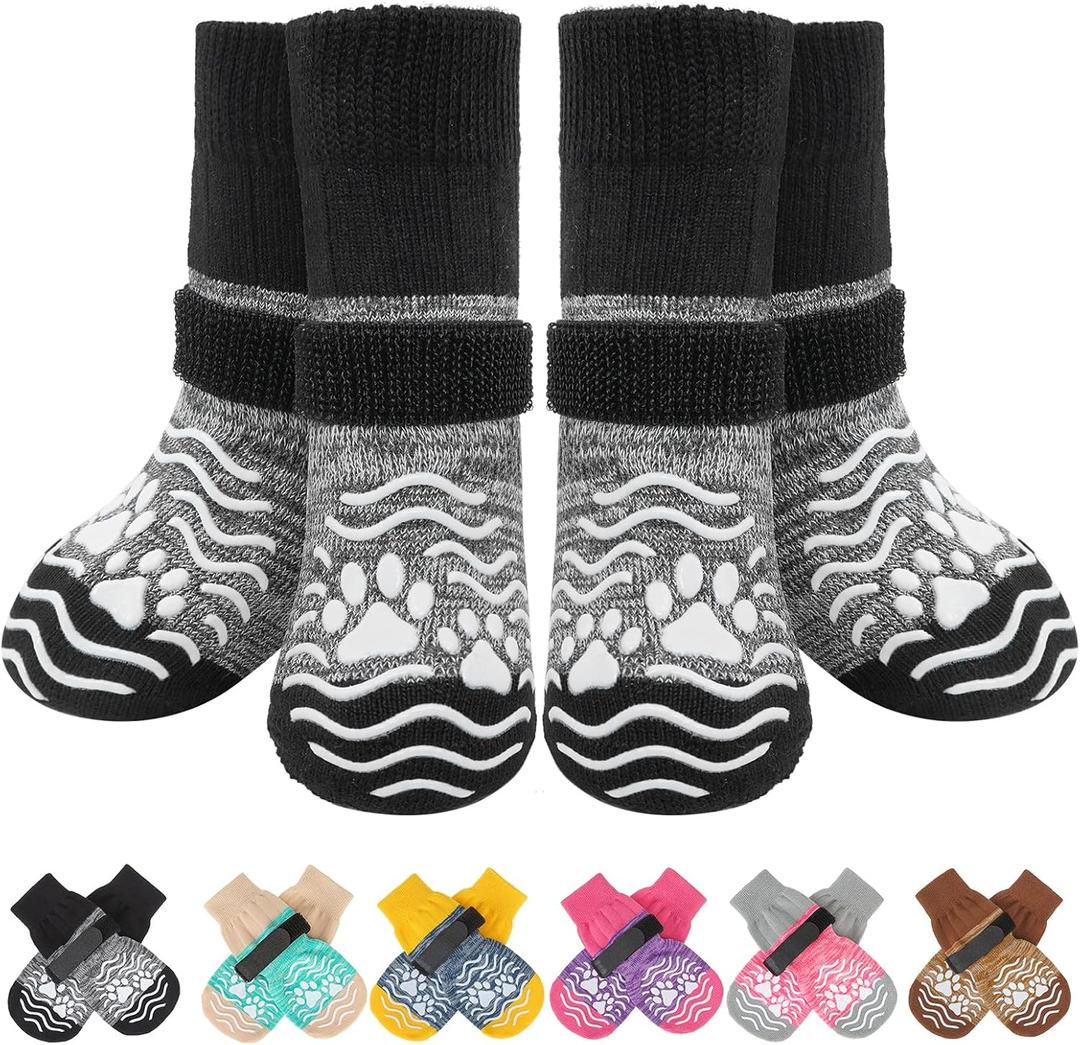 PUPTECK Anti Slip Dog Socks, Shoes with Grippers to Prevent Licking Hardwood Floors Traction, Rubber Boots & Paw Protectors for Small Medium Large Dogs Cold/Hot Pavement, Senior Dogs Booties Grey (Small (2 Pair))
