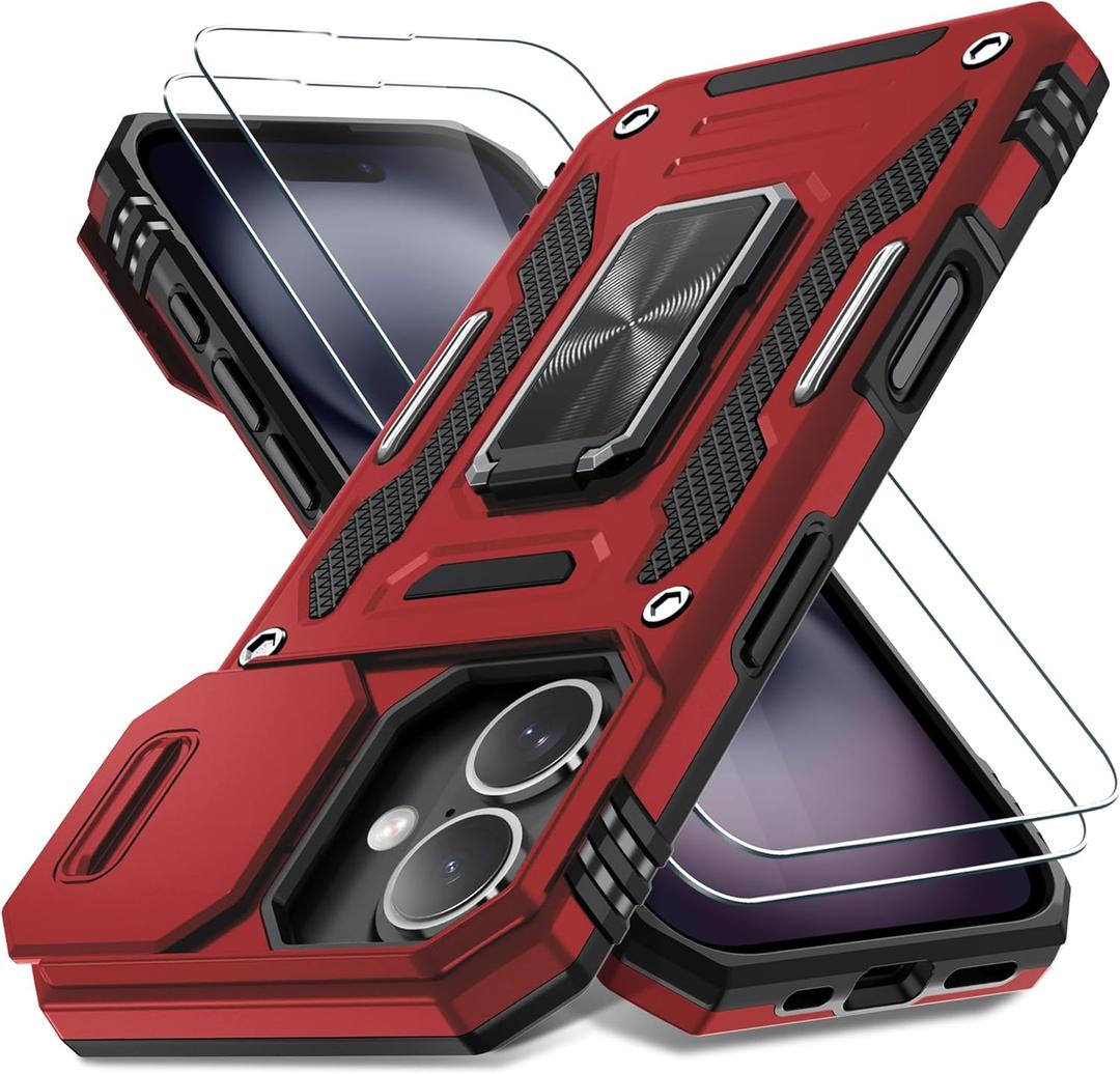 DEERLAMN Case for iPhone 16 with Slide Camera Cover+Screen Protector (2 Packs), Rotated Ring Kickstand Military Grade Shockproof Protective Cover-Red