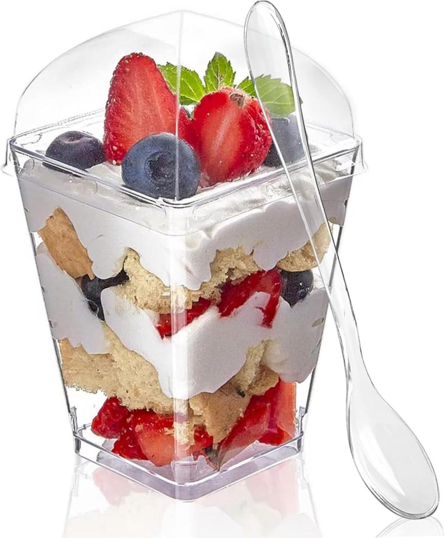 Zezzxu 50 Pack 5 oz Dessert Cups with Dome Lids and Spoons, Plastic Pudding Cups with Lids Mini Parfait Shooter Cups for Party Individual Banana Pudding Jello Yogurt Fruit Trifle