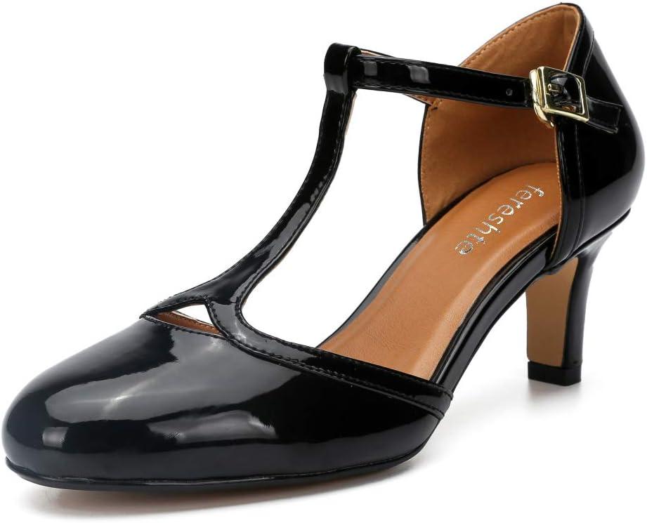 fereshte Women's Men's Mary Jane T-Strap Round Toe Mid Kitten Heel Pumps Shoes (10 Women/8.5 Men, Black)