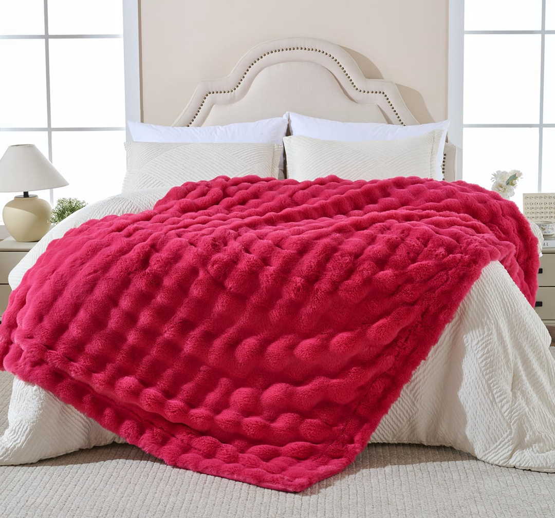 Krifey Hot Pink Bubble Blanket for Women, Soft Cloud Touch Throw for Dorm Bed, Cozy Fuzzy Plush Thick Warm Blanket, Faux Rabbit Fleece, Christmas Birthday Gifts for her Girls Mom, Room Decor, 60x80in