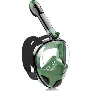Full Face Snorkel Mask for Adults Teen, Snorkeling Gear with Detachable Camera Mount, Panoramic 180 View, Anti-Fog Anti-Leak Snorkling Set for Man and Women (Black Dark Green-S/M)