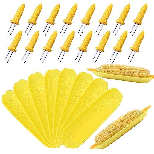 PEOUWNES Corn Dishes and Holders - 16 Pack Holders, 8 Pack Dishes - Stainless Steel, Perfect for Corn on the Cob