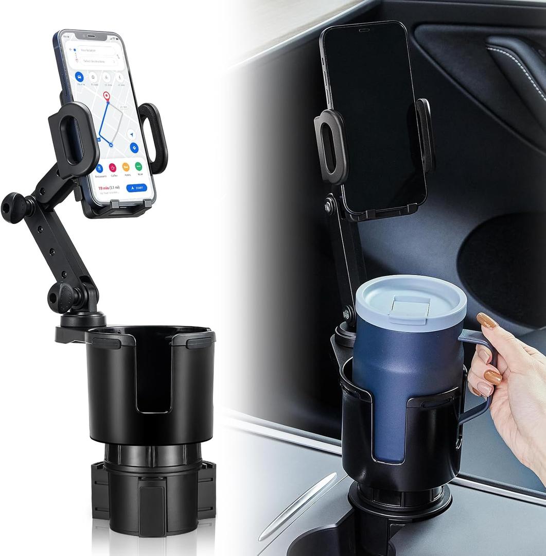 This Hill Car Cup Holder Expander Adjustable Base with Phone Mount 360 Rotation Cup Holder Cell Phone Holder for Car Compatible with iPhone All Smartphones (3.78"-1)