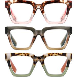 Yogo Vision Blue Light Blocking Reading Glasses for Women Big Square Oversized Computer Readers (3 Pack) (Pink Havana, Green and Brown, Milky Brown and Green)