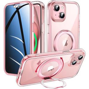 Privacy Case for iPhone 15 with 360Stand [Built-in Anti Peeping Screen Protector] [Compatible with MagSafe] [Magnetic Ring ] Full Body Protective Phone Cover 6.1", Pink