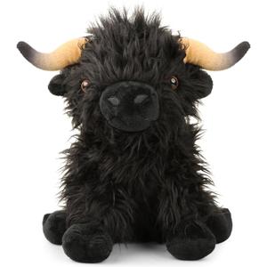 Highland Cow Stuffed Animal,10.5 inches Realistic Cow Plush Toy,Animal Cattle Plush Farm Toy,Farm Plushie Christmas Birthday Present for Boys Girls Kids Grandchildren (Black)