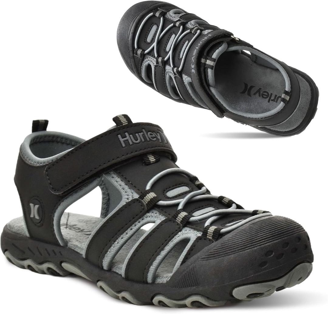 Hurley Kid's and Toddlers Water Sandals - Beach Sandals for Boys and Girls, Lightweight Durable Closed Toe with Adjustable Upper for Outdoors, Water Play and Pool Champ (Black)