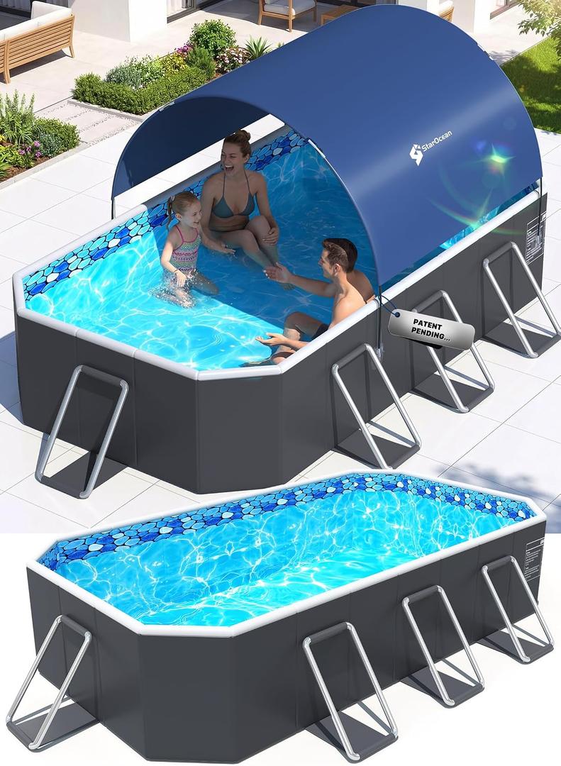 StarOcean Foldable Pool with Canopy,Non Inflatable Pool,Large Foldable Swimming Pool for Adult Portable Pool,Large Collapsible Kid Pool with Shade,Folding Kid Pool for Backyard,90x50x20 in-Dark Blue