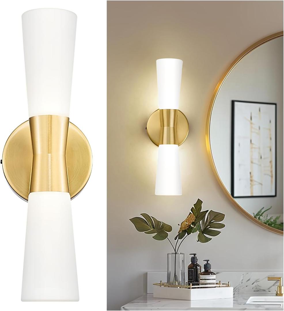 kudos Wall Sconces 16inches Gold Vanity Light Fixtures, Modern Sconces Wall Lighting with Milk White Glass, Dimmerable 3000K/4000K/5000K for Bathroom Bedroom, KDVL13-GD