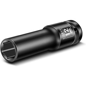 MTO 1/2" Drive 12mm Deep Impact Socket, 6 Pt. Metric Socket, CR-MO Steel & Anti-Corrosion Coating for Heavy-Duty Use