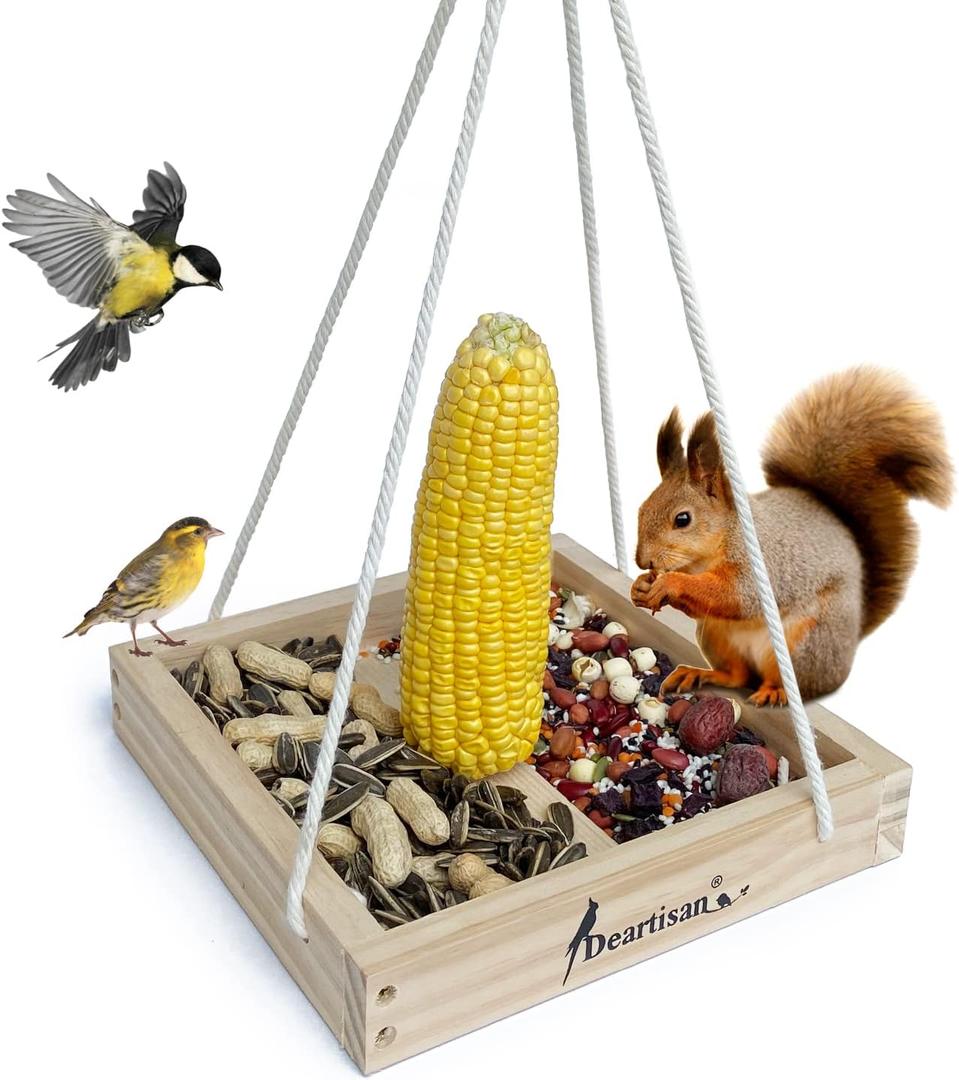 Platform Squirrel & Bird Feeders, Quality Cedar Made Wood Tray Garden Hanging Animal for Yard Outside Decoration Attrcting for Wild Birds