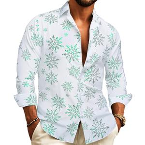 Barry.Wang Mens Christmas Shirts Xmas Holiday Party Button Down Dress Shirts Long Sleeve Snowflake Tree Shirt Halloween (Medium, Christmas Green and White)