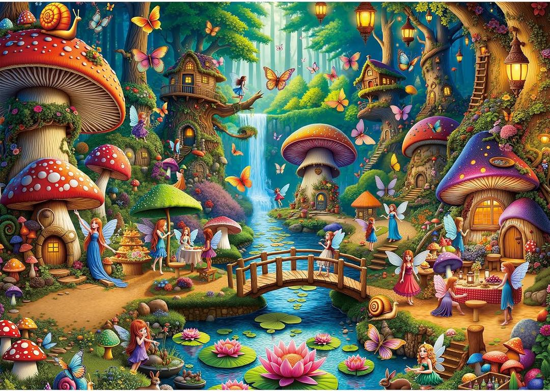 Rocorose 500 Piece Puzzles for Adults, Mushroom House Jigsaw Puzzle Challenging Fairy Mushroom Village Puzzle Holiday Party Educational Game Birthday Festival Gift