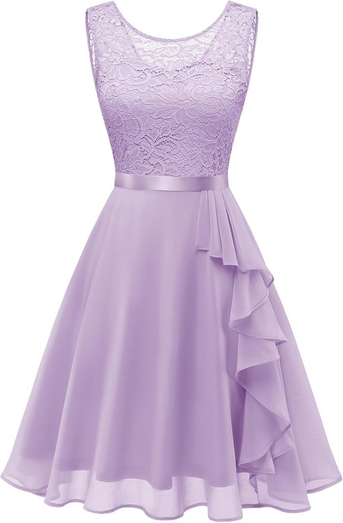 BeryLove Women's Cocktail Dresses Prom Wedding Guest Short Bridesmaid Dresses Ruffle Hem Sleeveless Lace Formal Dress (X-Large, Lavender)