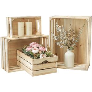 Large Wooden Crates Unfinished Set of 4 Storage Crates, Decorative Wood Storage Crate for Display Rustic, Nesting Wooden Container Boxes Made from 100% Wood (Natural)