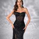 Women's Elegant Strapless Maxi Prom Dress Evening Gowns with Slit (Black, S)