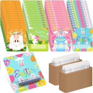 Frienda 48 Sets Easter Money Holder for Cash Money Card Funny Bunny Egg Happy Easter Cards Ornaments Gift Egg Cash Holder with Plastic Cover and Adhesive Basket Stuffers Tag Card DIY Holiday Surprise