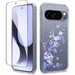 GVIEWIN for Google Pixel 10 Case/Pixel 10 Pro Case with Screen Protector, [Military Grade Drop Protection] Non Yellowing Clear Floral Slim Phone Cover for Women 2025 6.3" (Syringa/Purple)