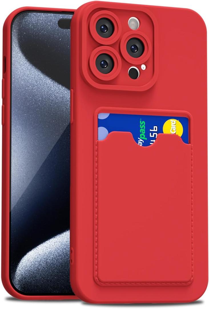 for iPhone 15 Pro Case with Card Holder Slim, Thin Silicone Wallet Phone Case with Credit Card Slot for Women Men, Soft Rubber Gel TPU with Pocket Shockproof Camera Cover, Red