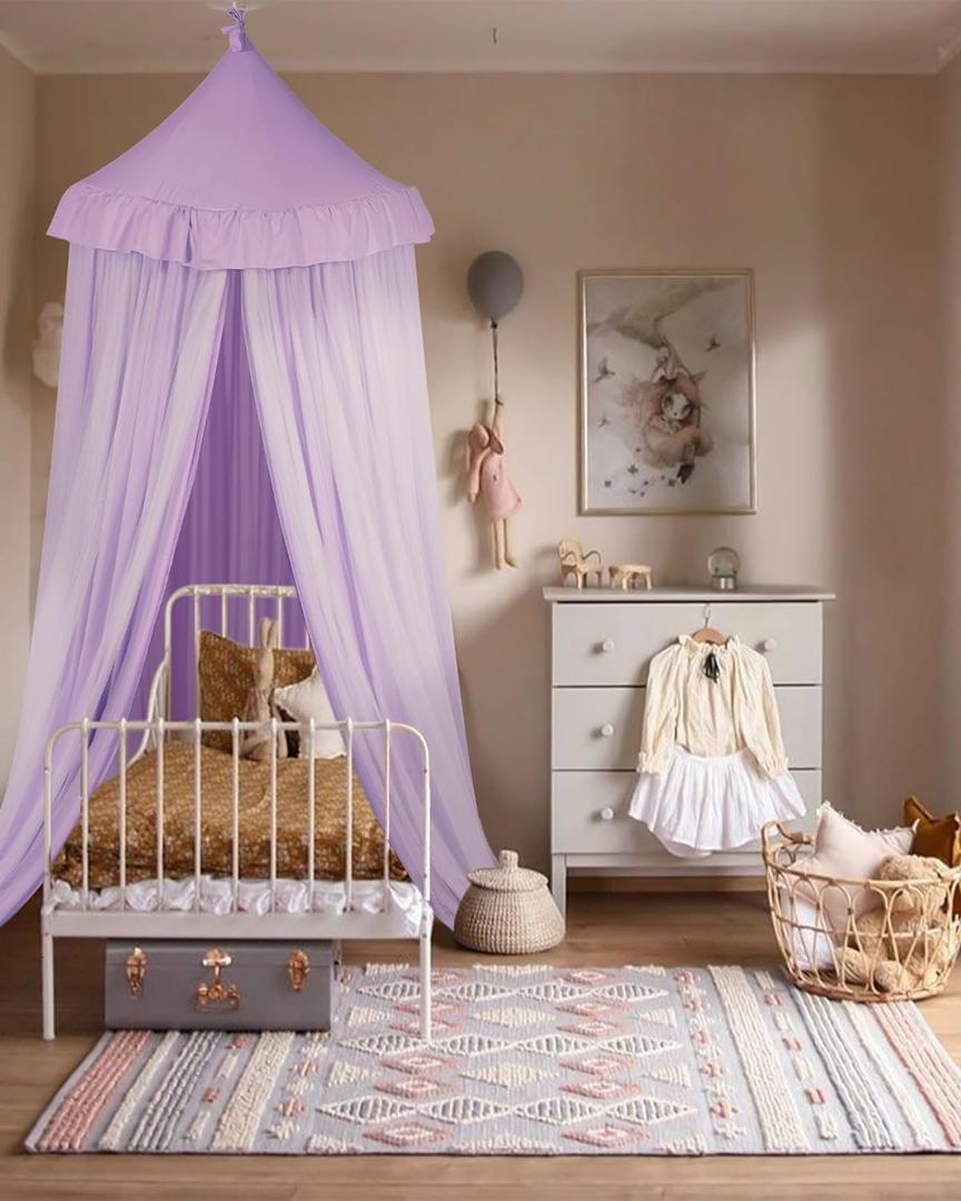 Large Bed Canopy with Star Lights, Double Layer Canopy for Bed, Princess Play Tent for Girls Room, Breathable Canopy Bed Curtain for Children Reading Nook, Machine Washable Canopy, 40''x106'', Purple (Large)