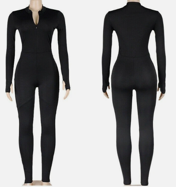 Women Long Sleeve Jumpsuit Workout Bodycon Romper with Pants Zip Up Unitard Sexy One Piece Full Bodysuits,XL